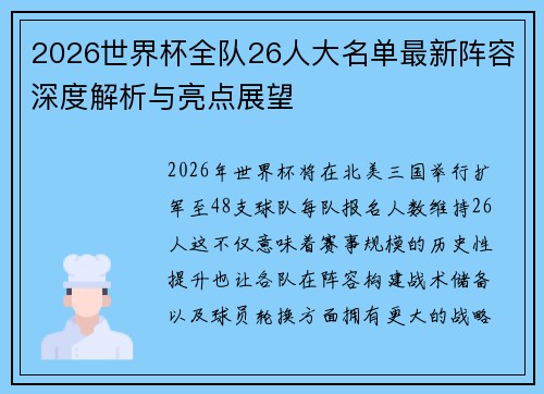 2026世界杯全队26人大名单最新阵容深度解析与亮点展望